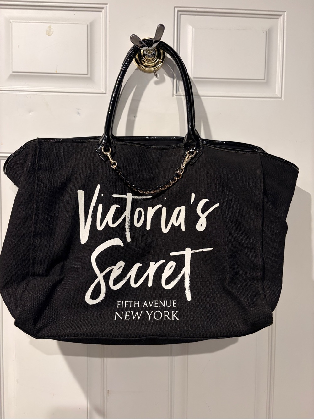 Victoria's Secret Black XL Canvas Tote with Chain-Detail Handles